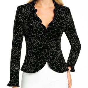 Armani Collezioni Black Floral Rose Jacket – Silver Glitter Accents, Buttons